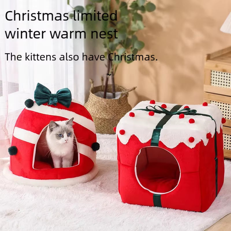 Winter Warm Cat Nest with Box Design Soft Plush Sleeping House for Cats Small Dogs Cute Christmas Gift Pet Bed Pet Party Supplie