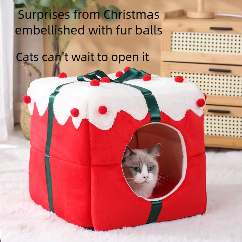 Winter Warm Cat Nest with Box Design Soft Plush Sleeping House for Cats Small Dogs Cute Christmas Gift Pet Bed Pet Party Supplie