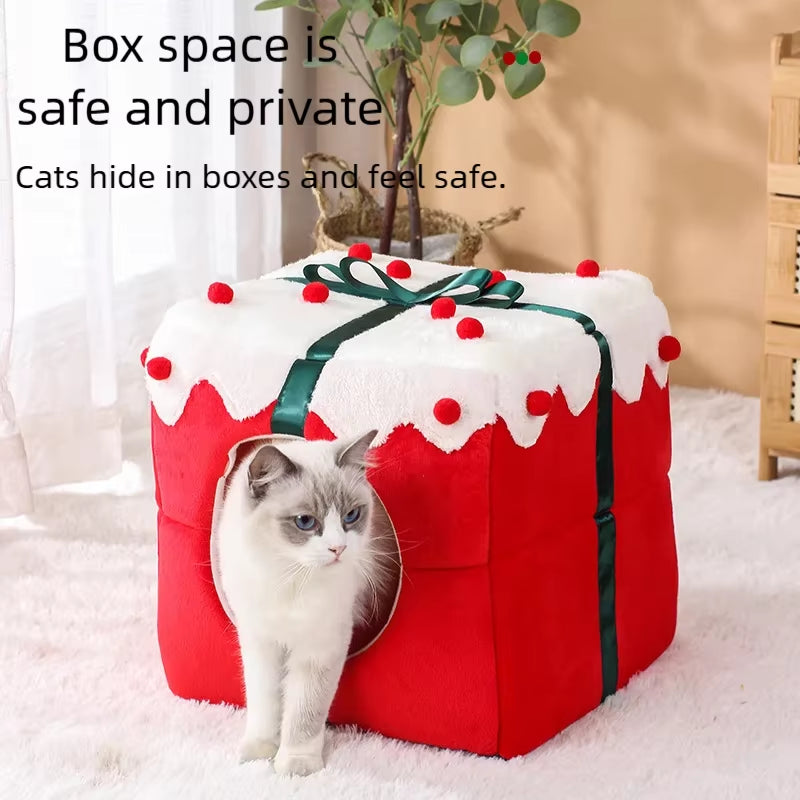 Winter Warm Cat Nest with Box Design Soft Plush Sleeping House for Cats Small Dogs Cute Christmas Gift Pet Bed Pet Party Supplie