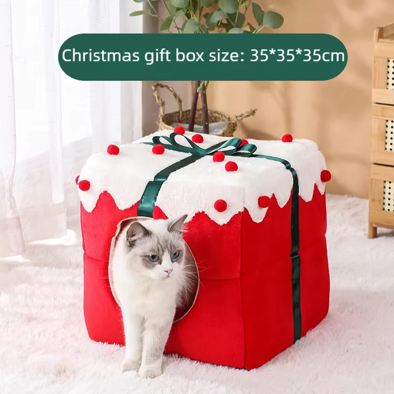 Winter Warm Cat Nest with Box Design Soft Plush Sleeping House for Cats Small Dogs Cute Christmas Gift Pet Bed Pet Party Supplie