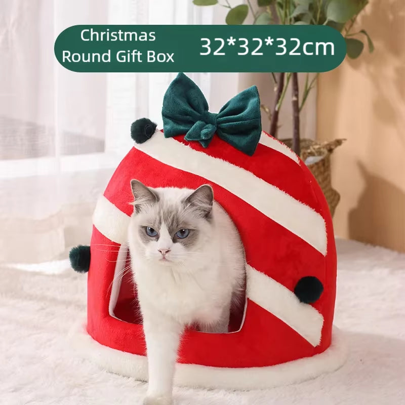Winter Warm Cat Nest with Box Design Soft Plush Sleeping House for Cats Small Dogs Cute Christmas Gift Pet Bed Pet Party Supplie